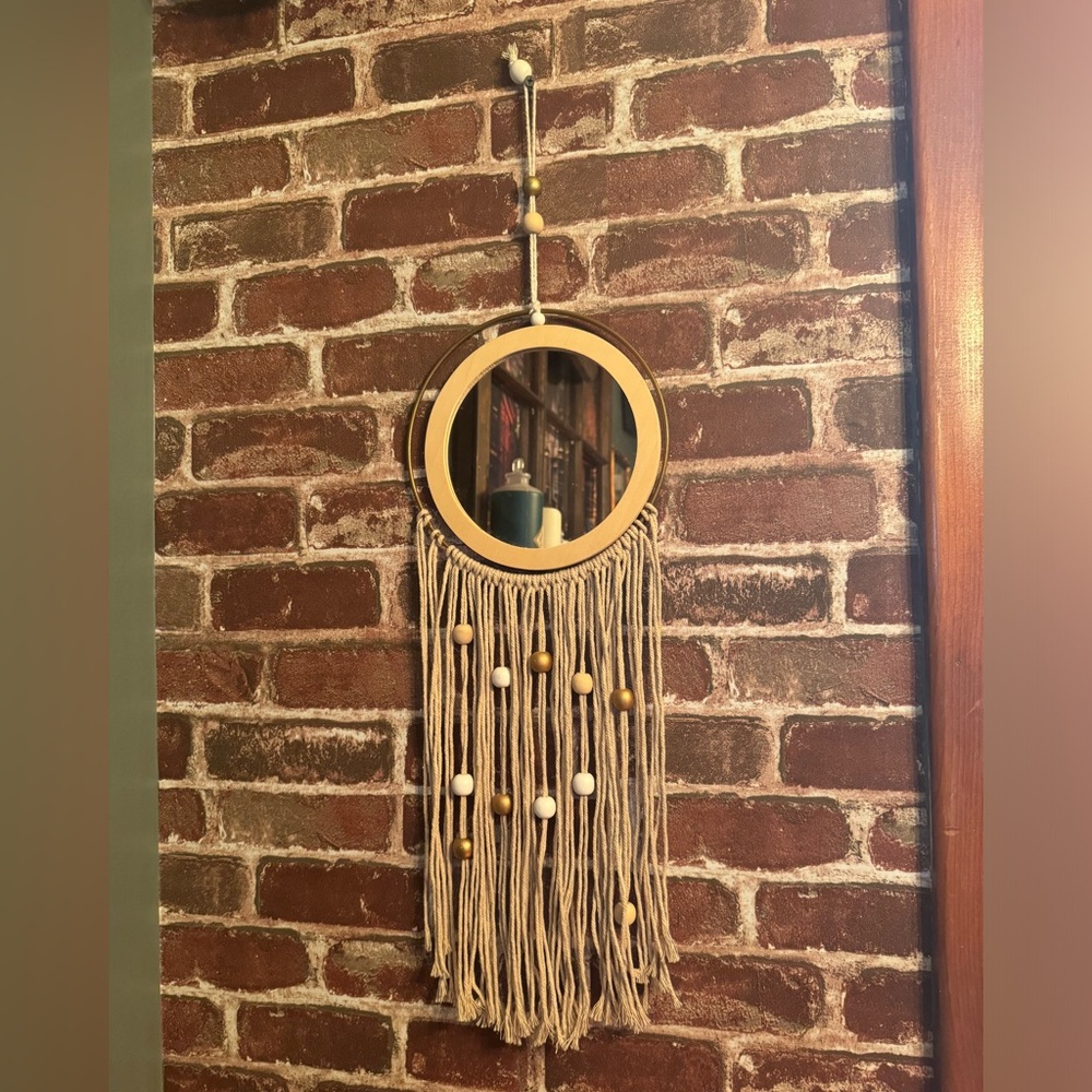 Boho Hanging Wood/ Floating Bronze Metal Circle Mirror With Beaded Fringe